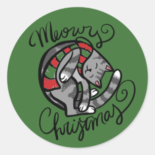 Meowy Christmas Gray Cat Art Runder Aufkleber
