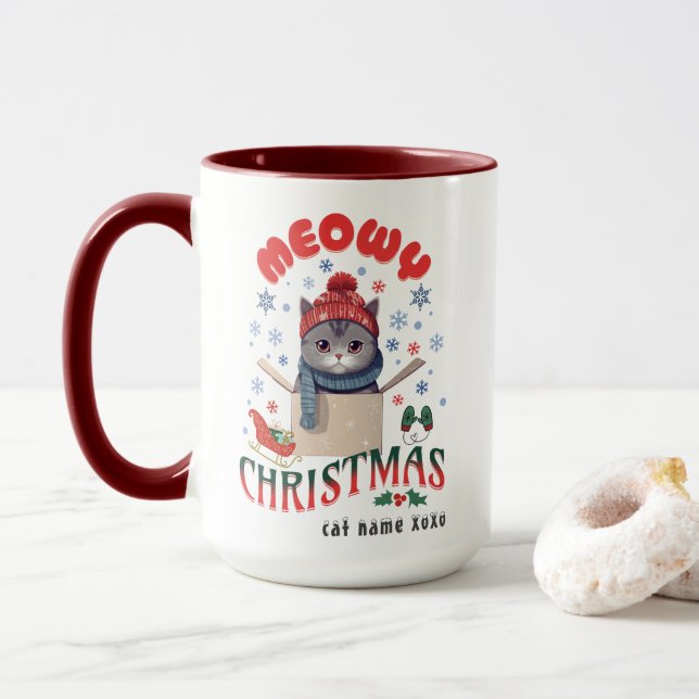 Meowy Christmas Grumpy Gray Cat Tasse (Mit Donut)