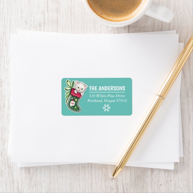 Meowy Christmas Happy Reinder étiquette turquoise (En situation)