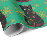 Meowy Christmas | Katzenliebhaber | Schwarzkatze Geschenkpapier<br><div class="desc">Niedliches Schwarzkatzenurlaubsdesign - glitzernde Goldschneeflocken</div>