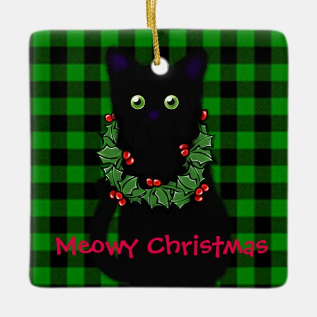 Meowy Christmas | Katzenliebhaber | Schwarzkatze Keramikornament (Vorderseite)