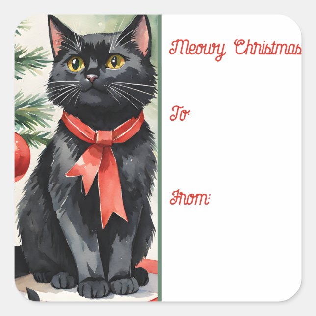 Meowy Christmas Kitten mit einem Bogen-Holiday-Ges Quadratischer Aufkleber (Vorderseite)