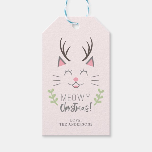Meowy Christmas | Niedliche Katze, Antler Personal Geschenkanhänger (Vorderseite)