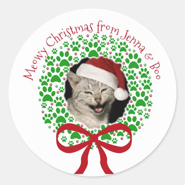 Meowy Christmas Paw Print Holiday Wreath Foto Runder Aufkleber (Vorderseite)
