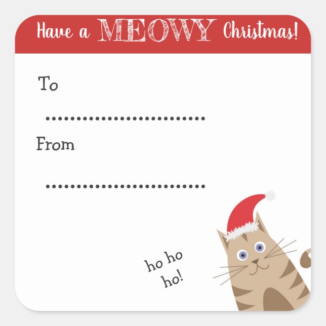 Meowy Christmas santa Cat lustiges Geschenketikett Quadratischer Aufkleber (Vorderseite)