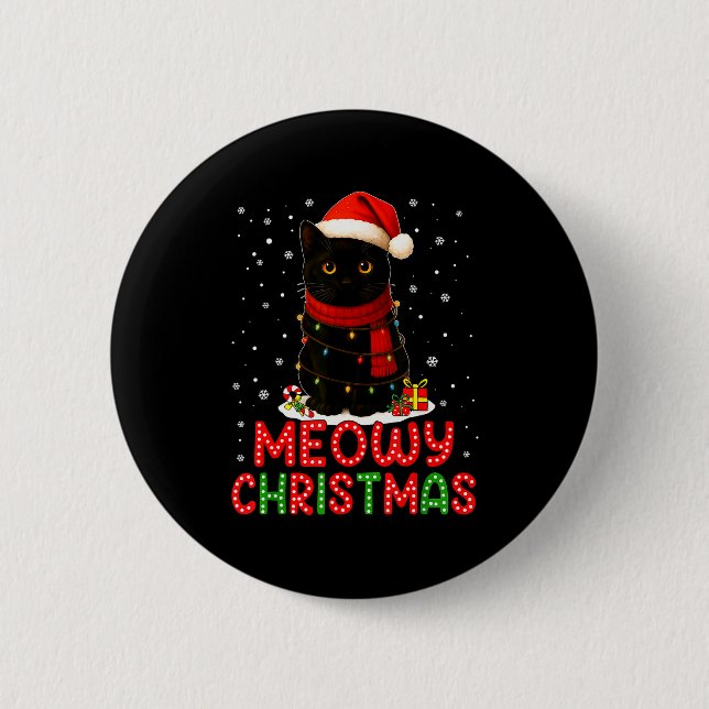 Meowy Christmas Santa Hat Funny Black Cat Men Wome Button (Vorderseite)