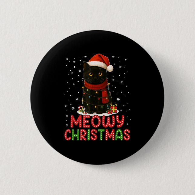 Meowy Christmas Santa Hat Funny Black Cat Men Wome Button (Vorderseite)