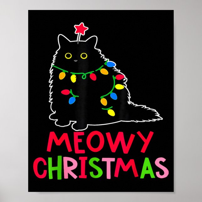 Meowy Christmas Xmas Lights Black Cat Pajamas Fami Poster (Vorne)