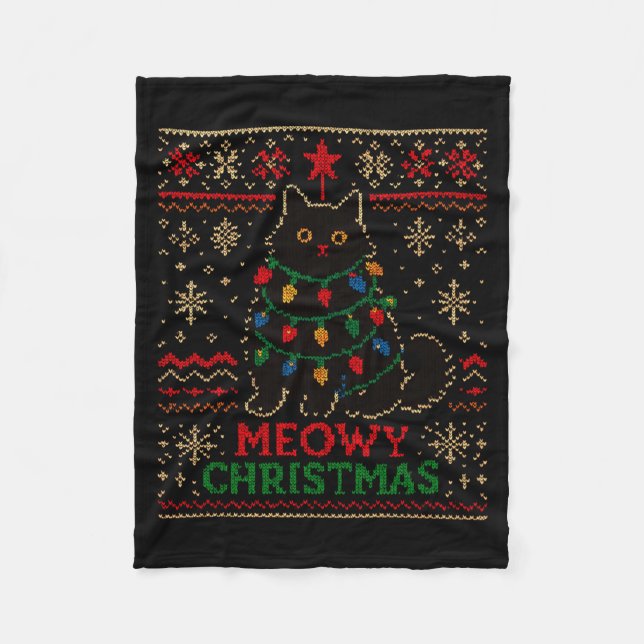 Meowy Christmas Xmas Lights Cat Ugly Sweater Pajam Fleecedecke (Vorderseite)