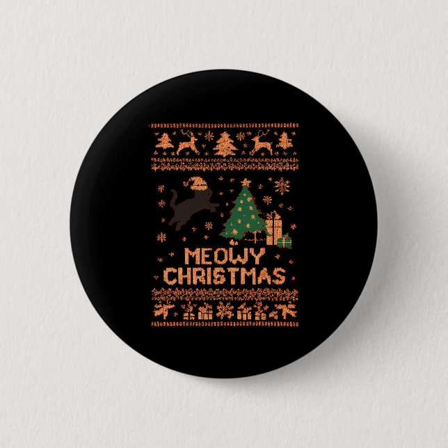 Meowy Christmas Xmas Tree Cat Ugly Sweater Pajamas Button (Vorderseite)