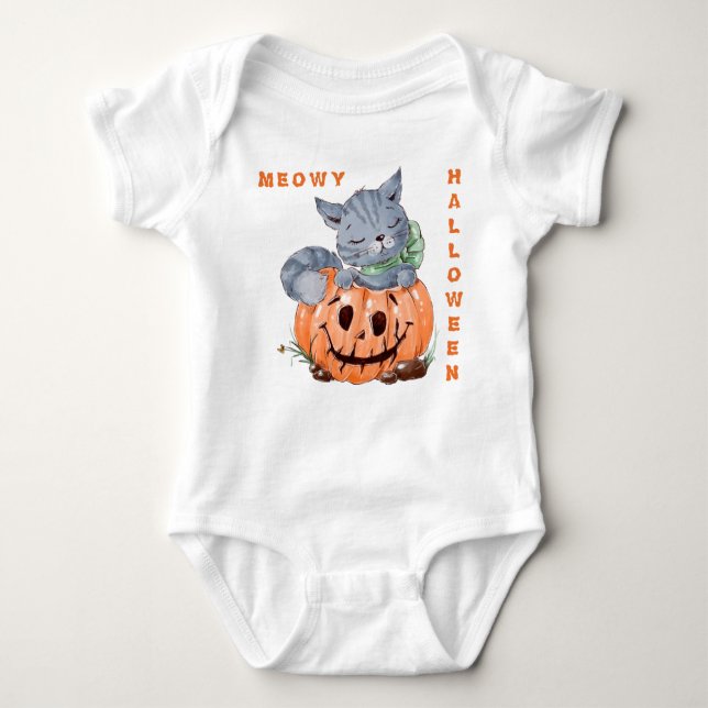 Meowy Jack o' Lantern Kitten Halloween Baby Strampler (Vorderseite)