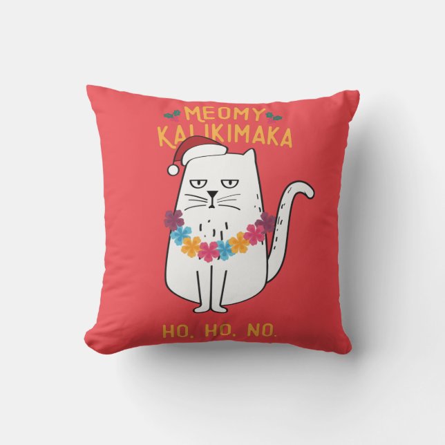Meowy Kalikimaka Funny Cat Weihnachtsmannmütze Wei Kissen (Vorderseite)
