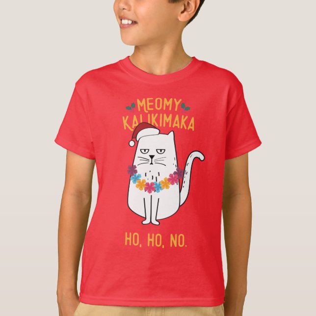 Meowy Kalikimaka Funny Cat Weihnachtsmannmütze Wei T-Shirt (Vorderseite)