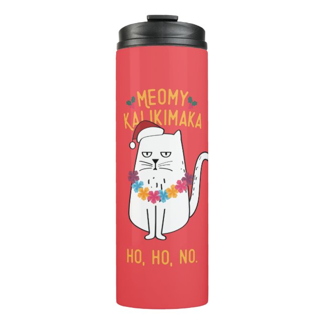 Meowy Kalikimaka Funny Cat Weihnachtsmannmütze Wei Thermosbecher (Vorderseite)