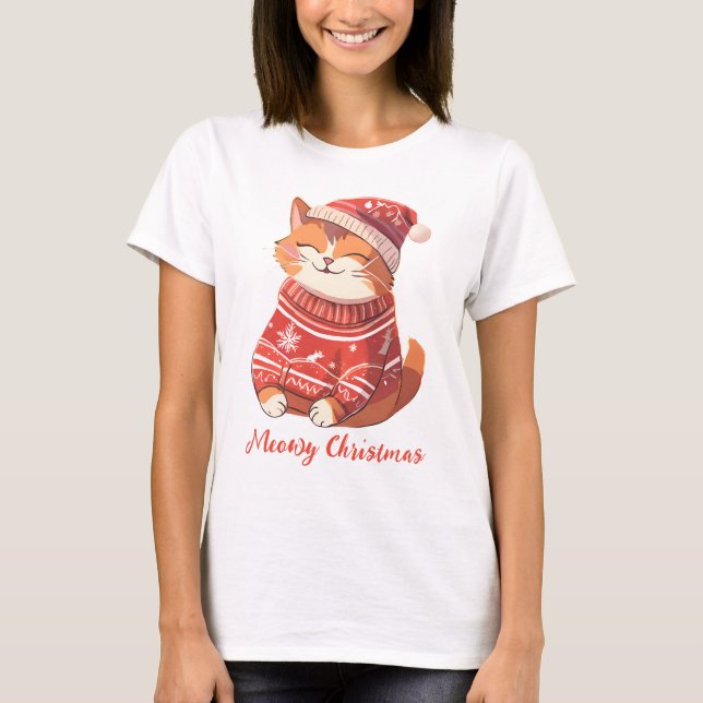 Meowy Weihnachten Frauen T - Shirt mit festlicher  (Vorderseite)