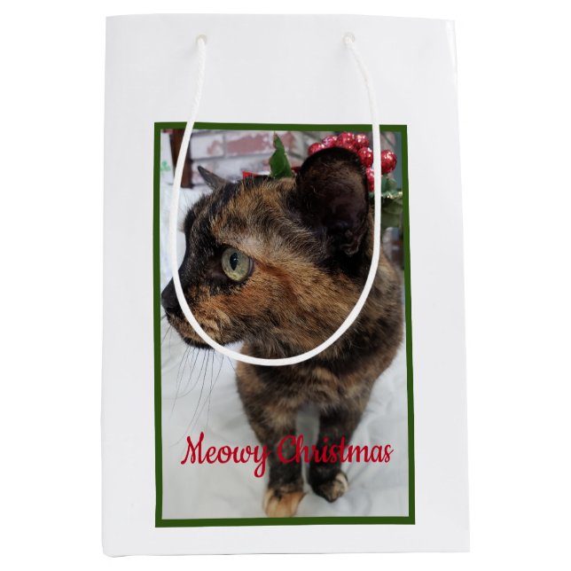 Meowy Weihnachten Katze Foto und Fraktal Schneeflo Mittlere Geschenktüte (Vorderseite)