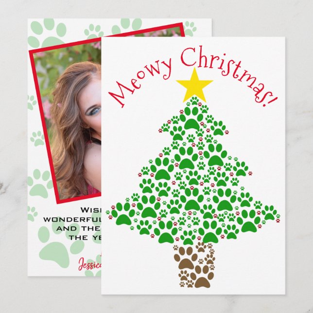 Meowy Weihnachten Niedlich Fun Paw Print Tree Foto (Vorne/Hinten)