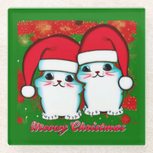 Meowy Weihnachten Niedliche weiße Kätzchen in Weih Glasuntersetzer