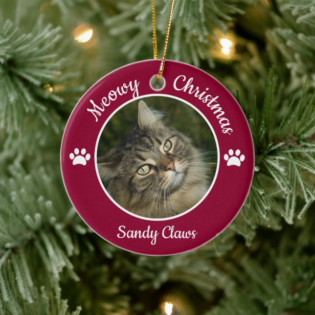 Meowy Weihnachten Niedlichen Cat Foto Name Jahr Pa Keramikornament (Baum)
