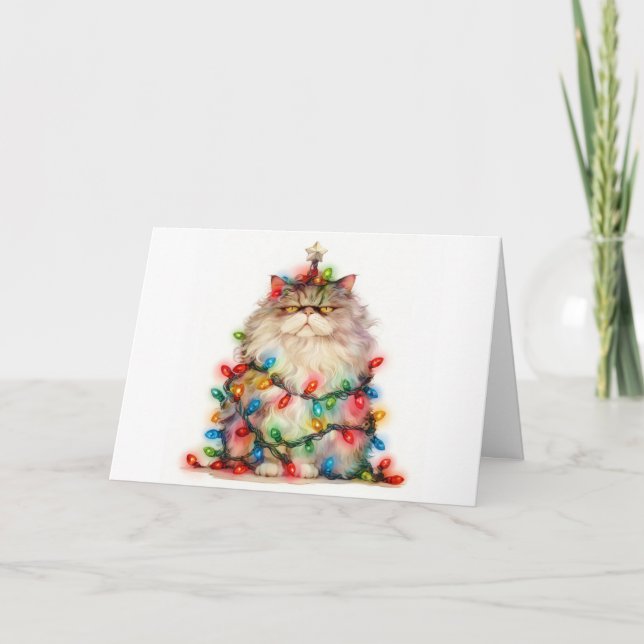Meowy Weihnachts geknackte Cat Lights Grußkarte Karte (Vorderseite)