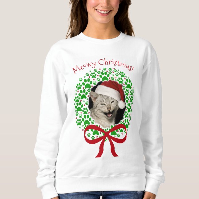 Meowy Weihnachts-Spaß-Kranz-Foto Sweatshirt (Vorderseite)