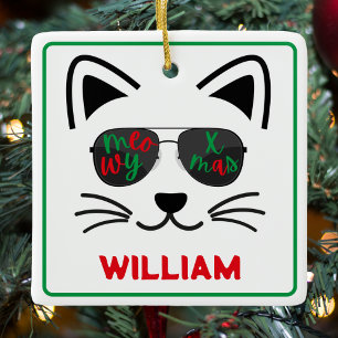 Meowy Weihnachtsbrille Kitty Cat White Keramikornament