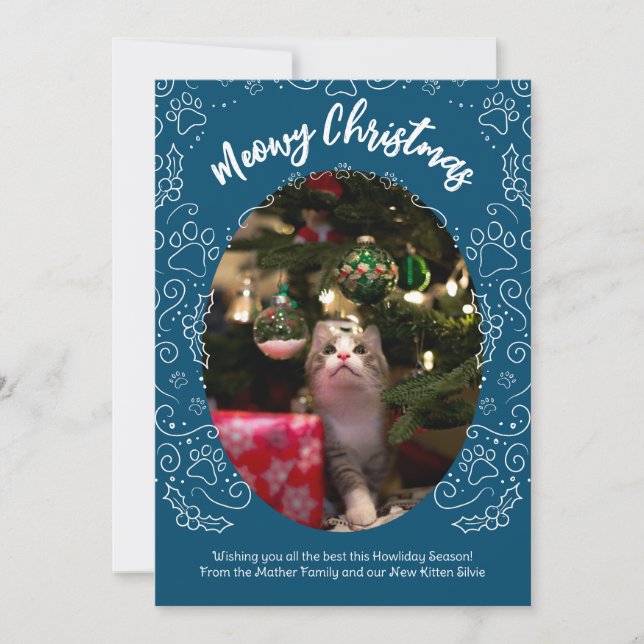 Meowy Weihnachtskatze Weihnachtskarte Dunkelblau Einladung (Vorderseite)