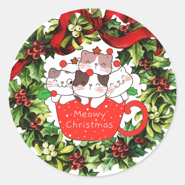 Meowy Weihnachtskatzen in einem Cup Niedlichen Kra Runder Aufkleber (Vorderseite)