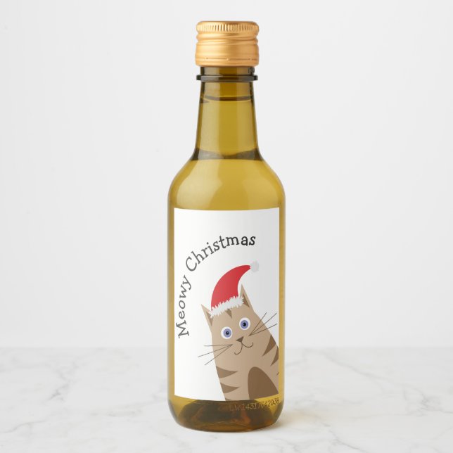 Meowy Xmas lustige Katze trägt Weihnachtsmannmütze Weinetikett (Vorderseite)