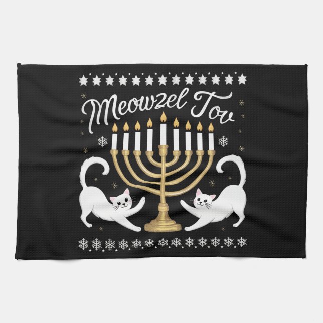 Meowzel Tov Funny Chanukah Hanukkah Ugly Sweater Geschirrtuch (Horizontal)
