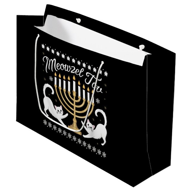 Meowzel Tov Funny Chanukah Hanukkah Ugly Sweater Große Geschenktüte (Vorderseite Schrägansicht)