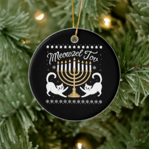 Meowzel Tov Funny Chanukah Hanukkah Ugly Sweater Keramik Ornament