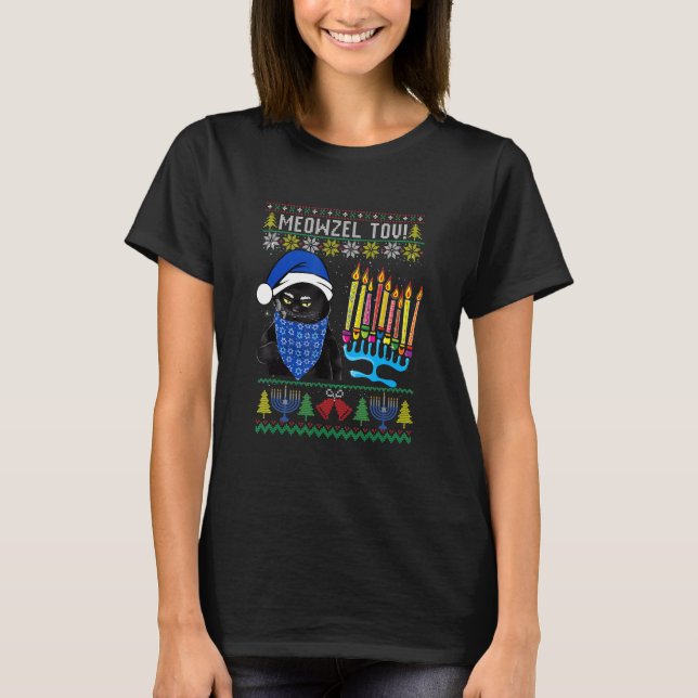 Meowzel Tov Ugly Hanukkah Sweater Cat Chanukah Jew T-Shirt (Vorderseite)