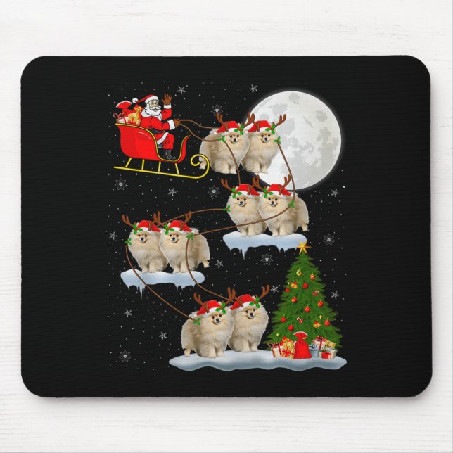 Meranian Dog Santa Sleigh Flying Funny Magical Chr Mousepad (Vorne)