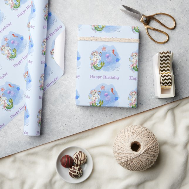 Mercat light Blue Cat mermaid Birthday Geschenkpapier (Kunsthandwerk)