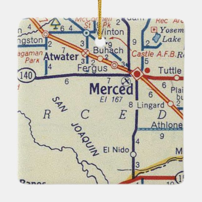 Merced CA Vintag Map Keramikornament (Rückseite)