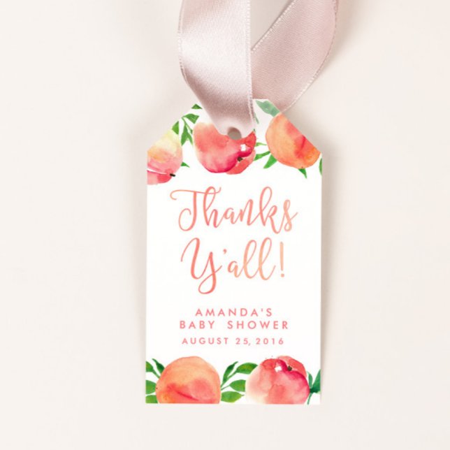 Merci à vous tous les étiquettes de faveur, pêche  (Thanks Y'all Southern Peaches Baby Shower favor tags)