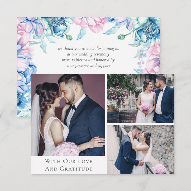 Merci Aquarelle Mariage floral 3 Cartes photos (Devant / Derrière)
