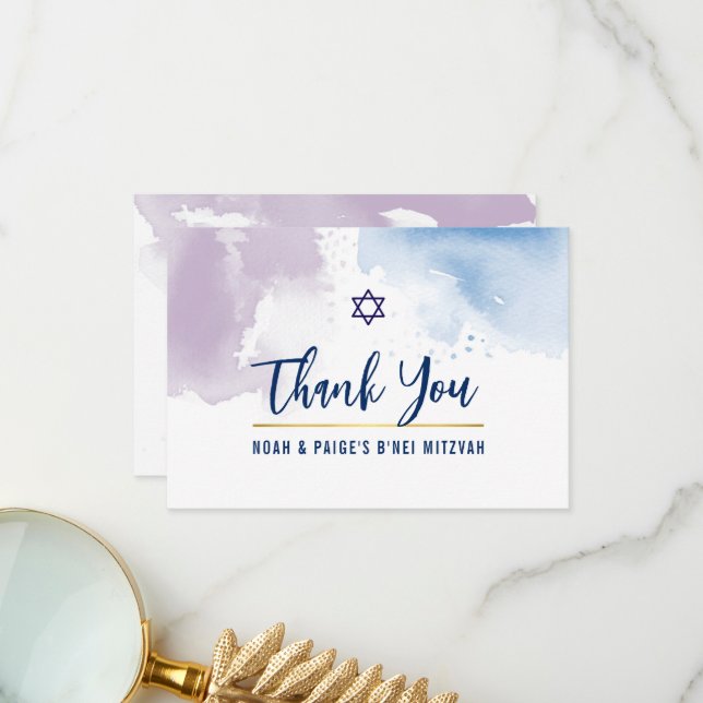 MERCI BAR MITZVAH étoile bleu violet aquarelle (Devant/Arrière en situation)