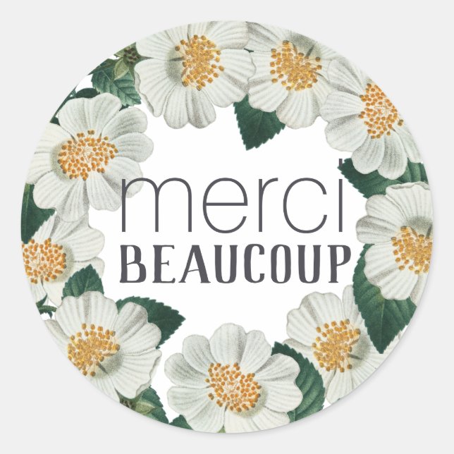 Merci Beaucoup Danke, Floral White Rose Runder Aufkleber (Vorderseite)