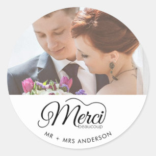 Merci Beaucoup Hochzeitsfoto  Runder Aufkleber
