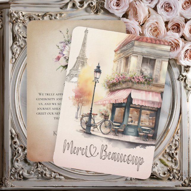 Merci Beaucoup Paris French Cafe Baby Shower Dankeskarte ("Merci Beaucoup" Pink Parisian (Paris, France) French Cafe Girl Baby Shower Thank You)