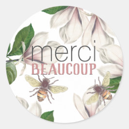 Merci Beaucoup Vielen Dank mit Blume und Biene Runder Aufkleber