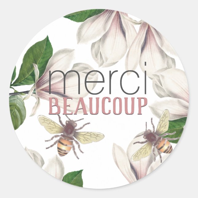 Merci Beaucoup Vielen Dank mit Blume und Biene Runder Aufkleber (Vorderseite)