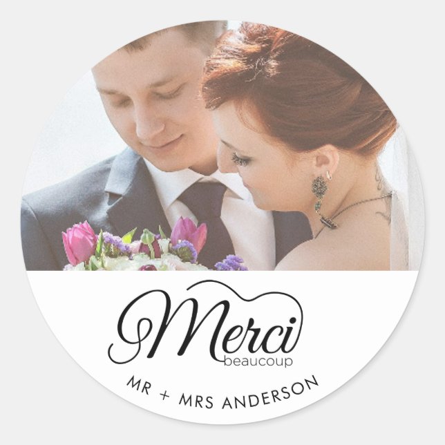 Merci Beaucoup Wedding Day Foto Runder Aufkleber (Vorderseite)