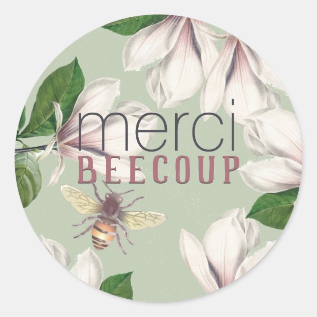Merci Beecoup Danke Magnolia und Bee Green Cla Runder Aufkleber (Vorderseite)