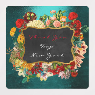 Merci Cadeau Étiquette Or Turquoise Vert Roses Flo