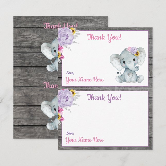 Merci Cartes Elephant Rose Jaune Violet (Devant / Derrière)