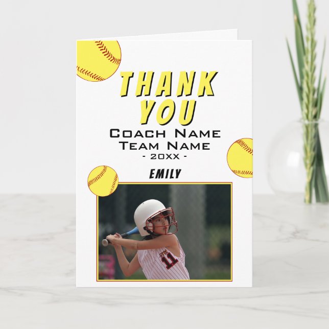 Merci Coach Carte photo de softball Jaune (Devant)