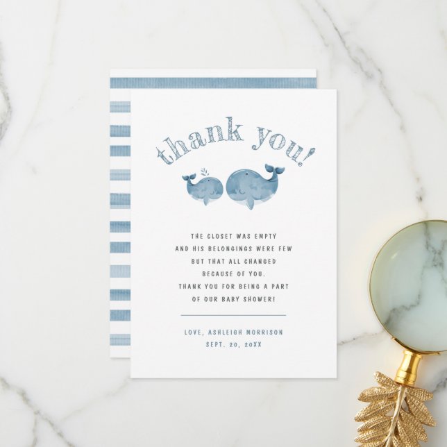 Merci de Baby shower de baleines à eau bleue (Devant/Arrière en situation)